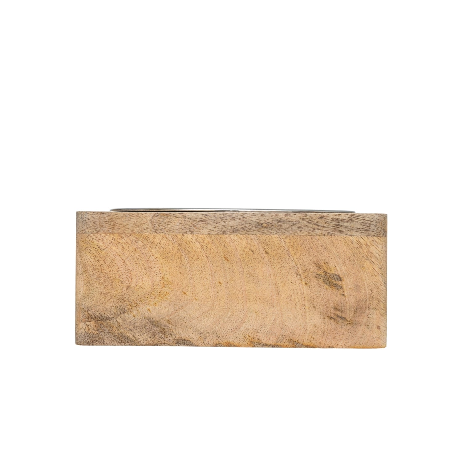 Modern pet feeding station with stainless steel bowl and natural wood base for stylish pet dining