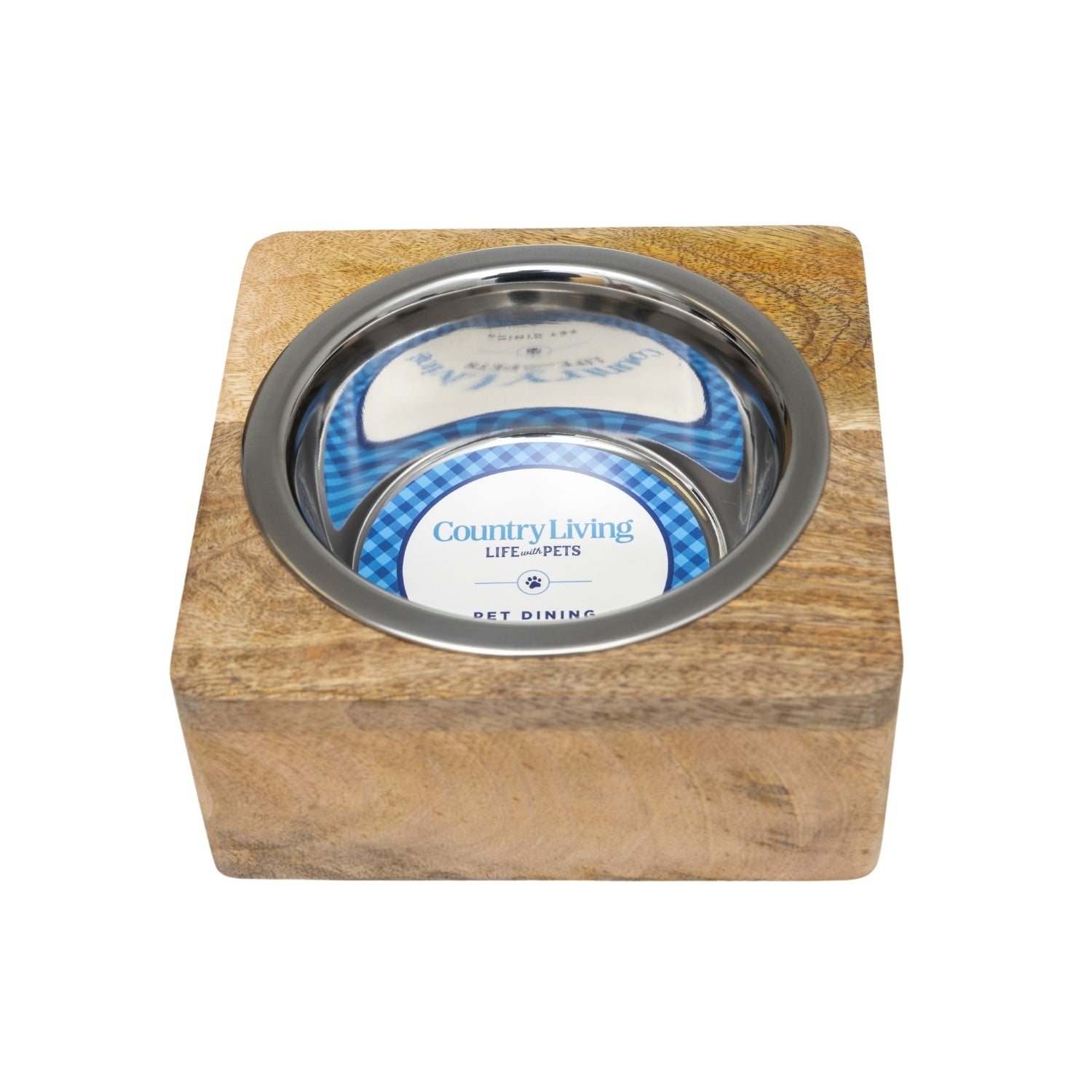 Stylish stainless steel pet bowls in a wooden base for a modern pet feeding station