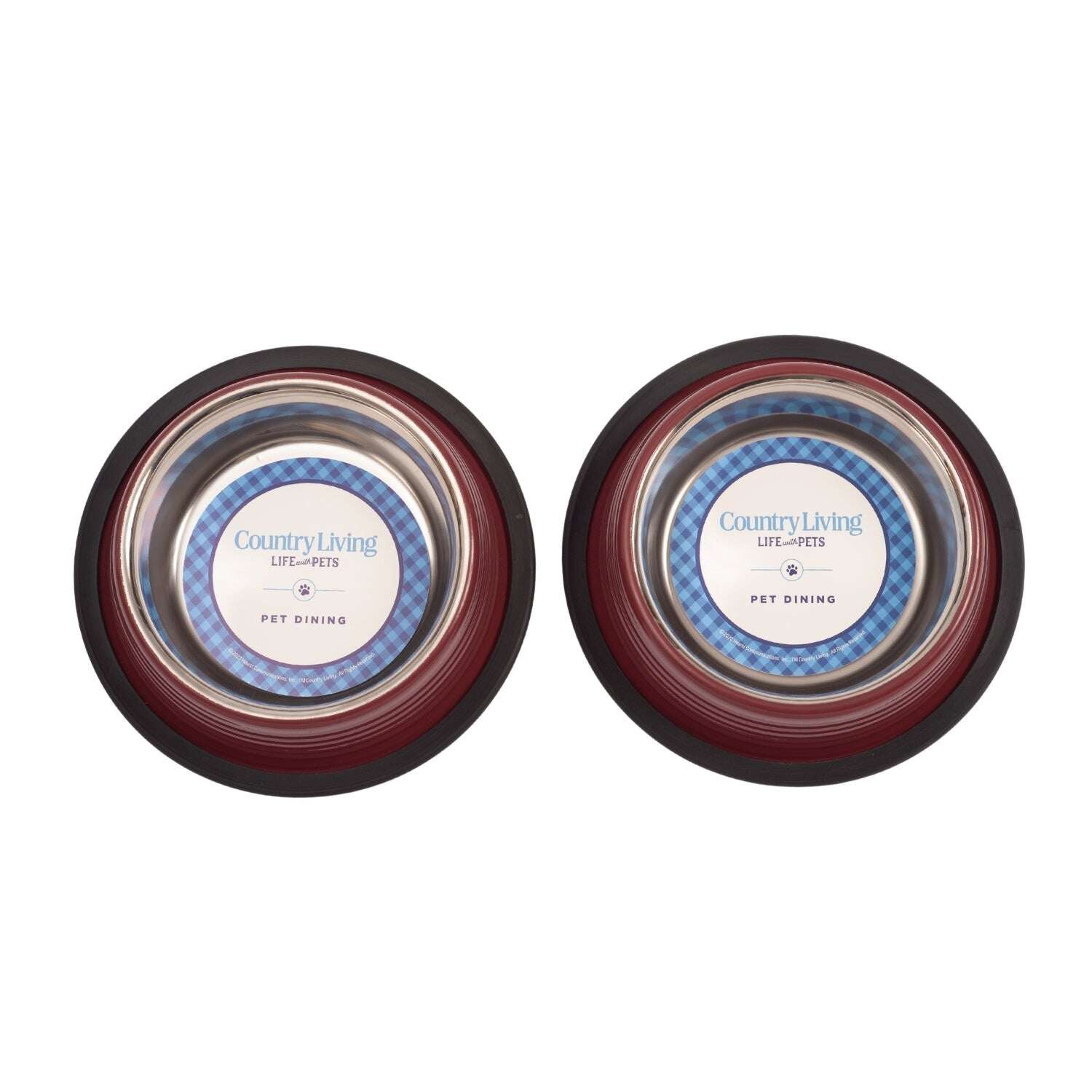 Set of non skid dog and cat bowls with stainless steel interior and black rubber base for stability