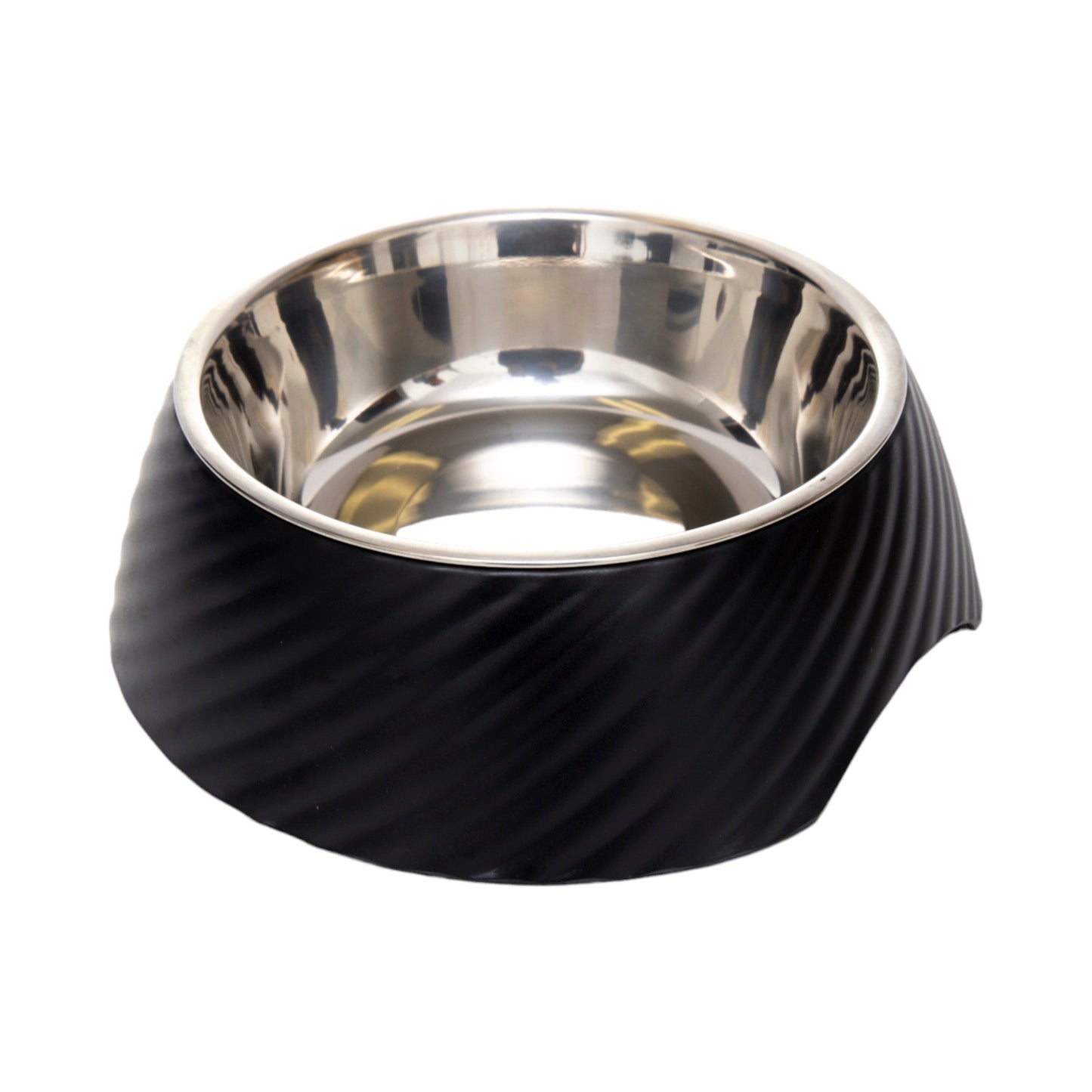 Stainless steel non-slip melamine pet bowls featuring a stylish black design for pets