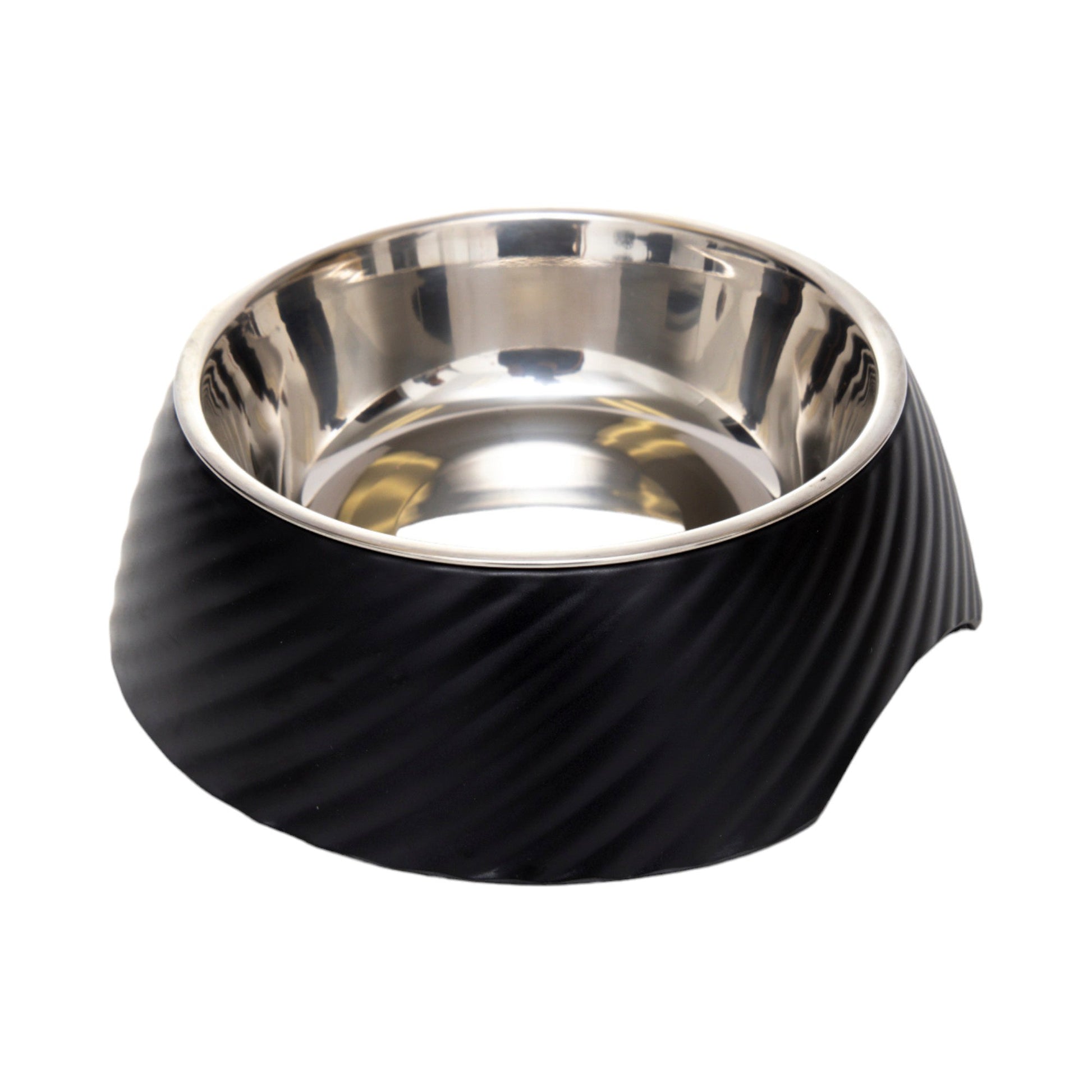 Stainless steel non-slip melamine pet bowls featuring a stylish black design for pets