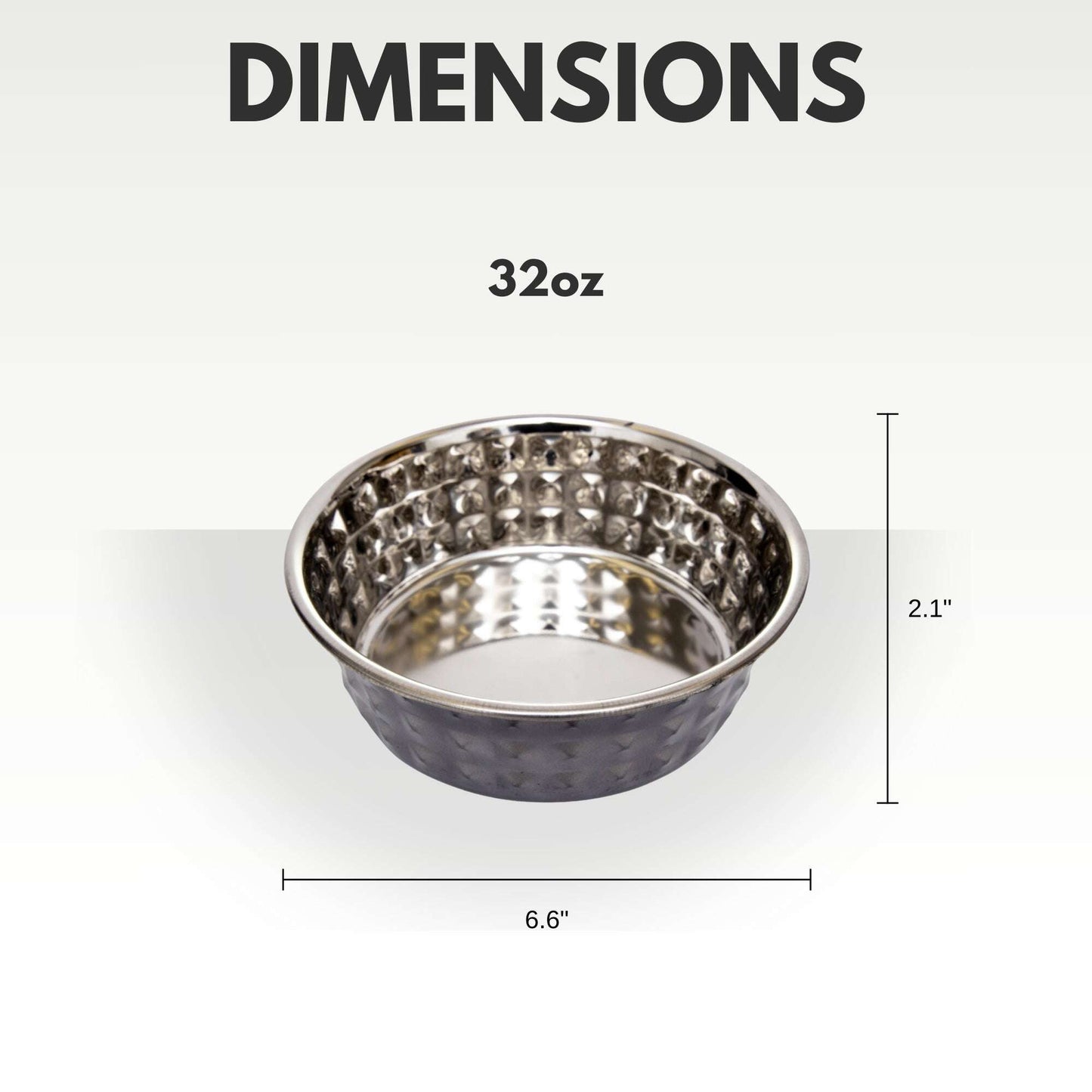Dimensions of non-slip stainless steel dog dish set showing a 32oz bowl with a 2.1 inch height and 6.6 inch diameter