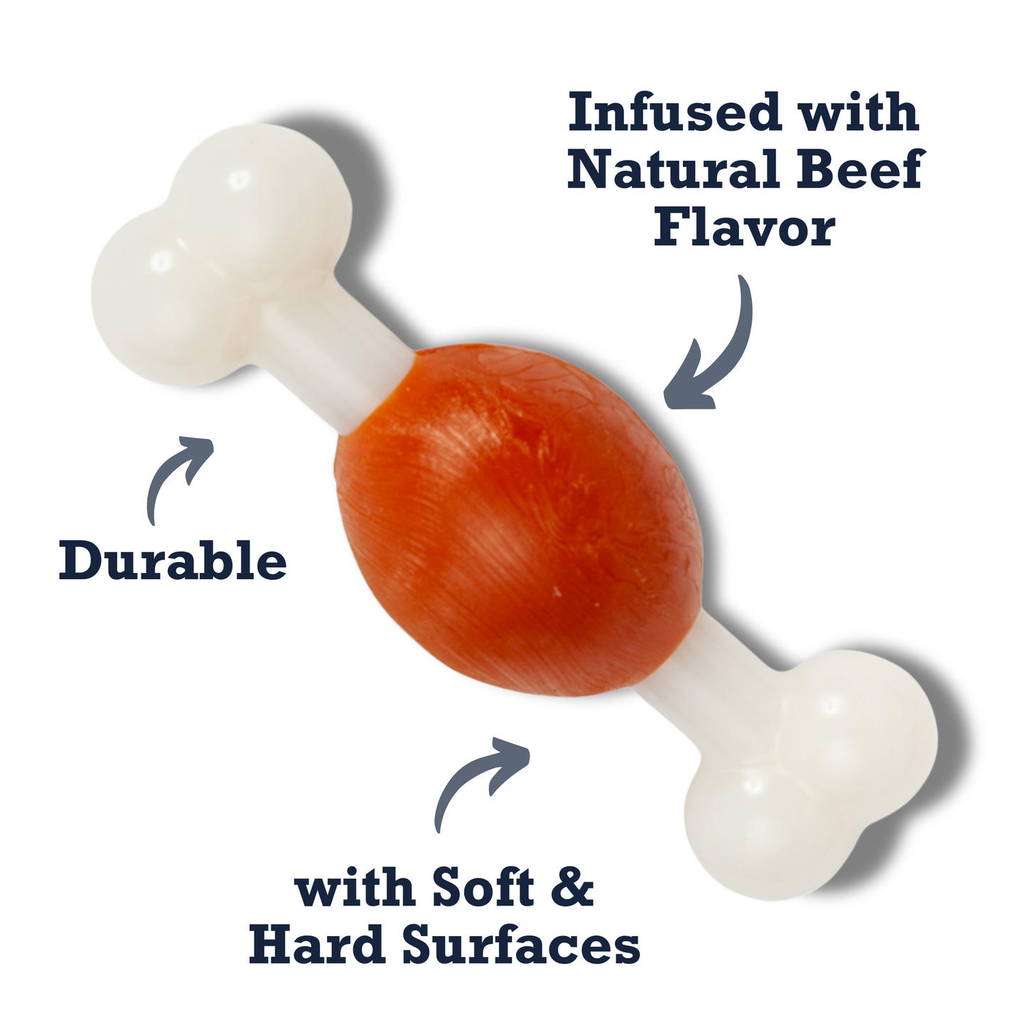 Durable nylon bone chew toy for small dogs infused with natural beef flavor and featuring soft and hard surfaces