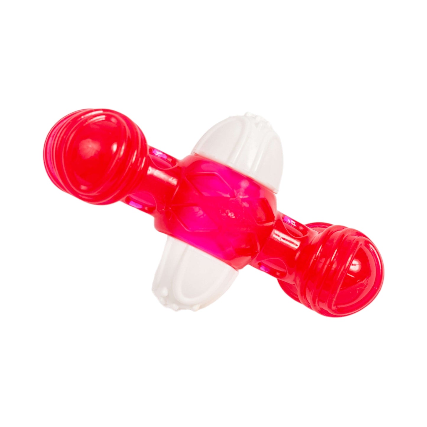 Vibrant red and white nylon squeaker bone for dogs designed for playful chewing and fun.