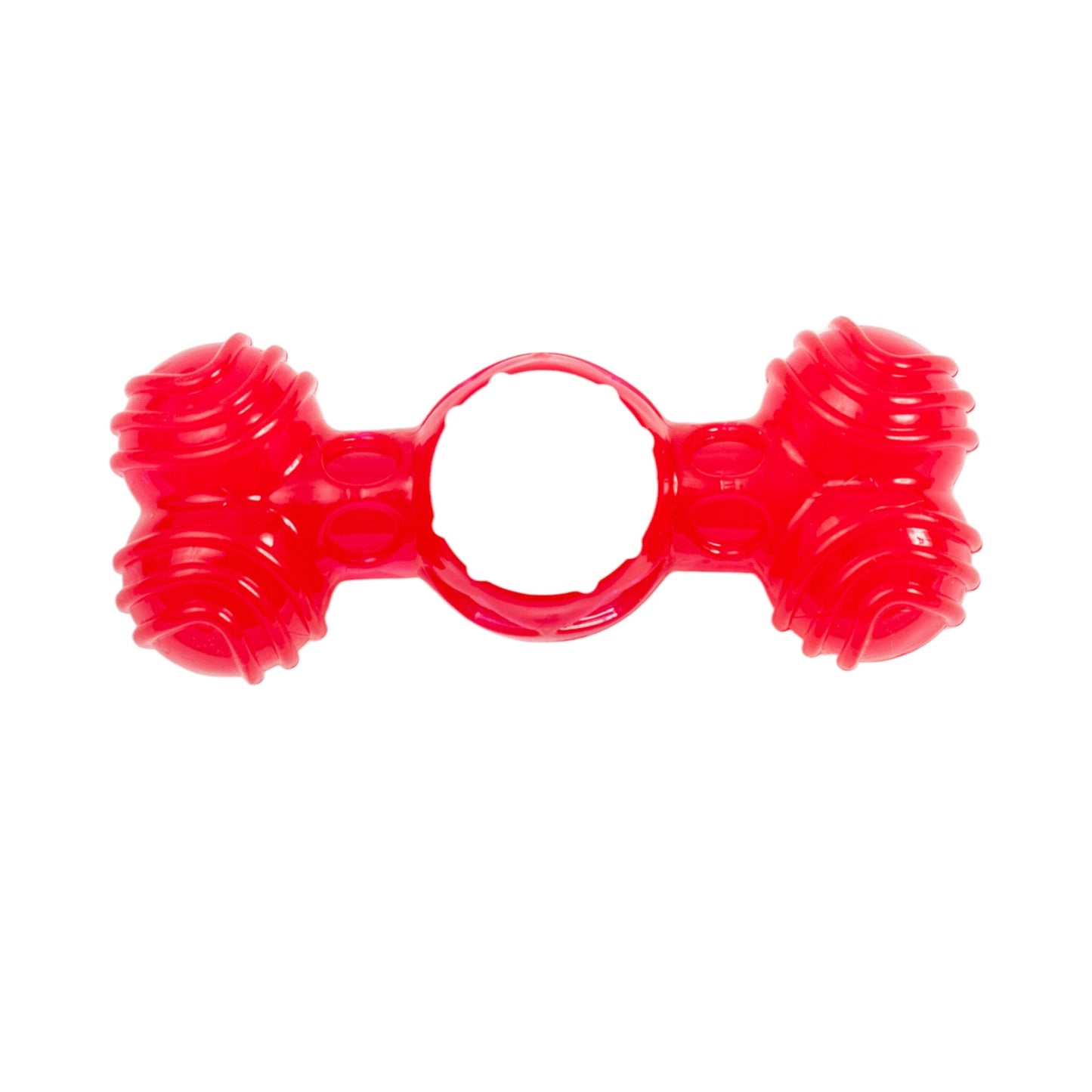 Durable red nylon squeaker bone for dogs, perfect for playtime and chewing fun