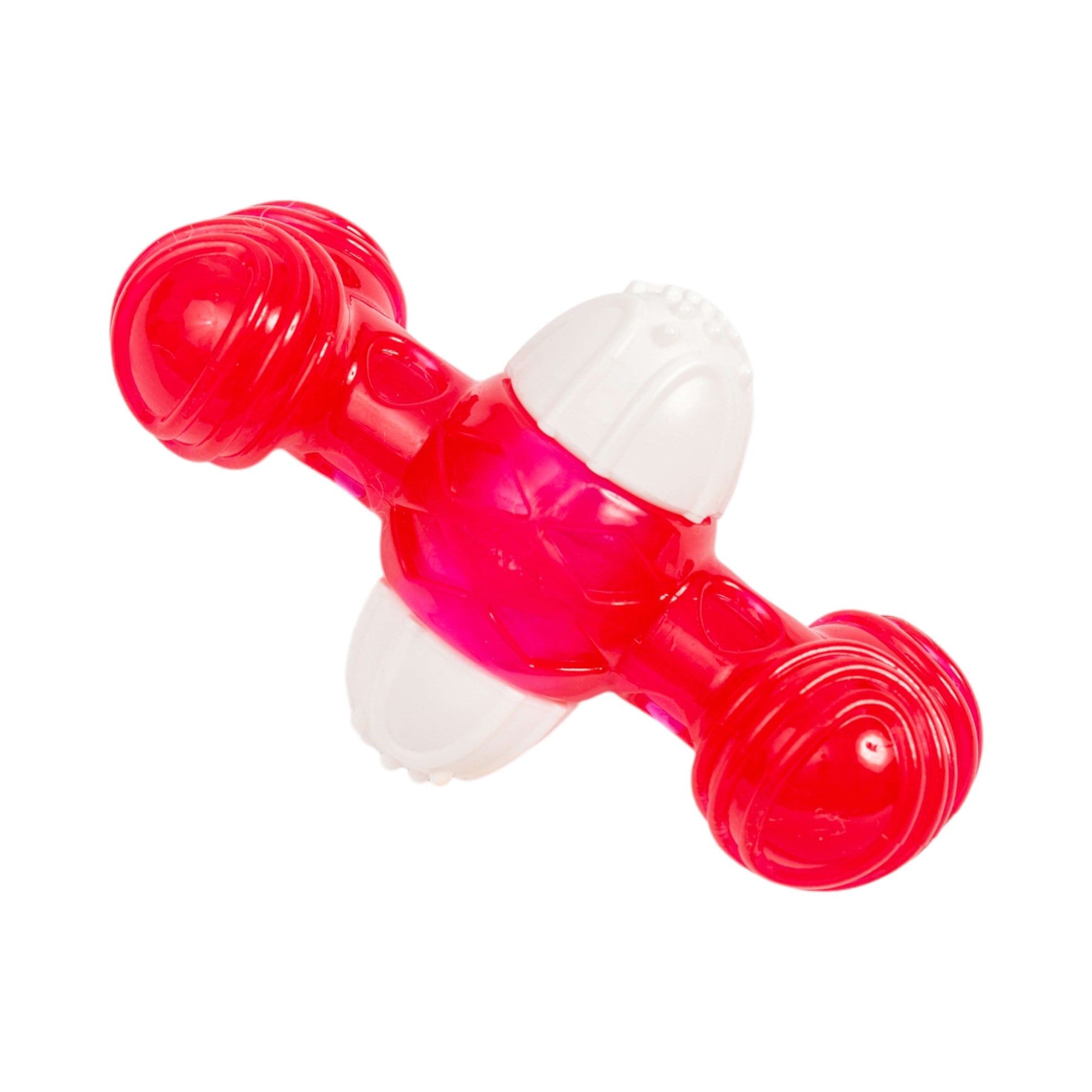 Bright red nylon squeaker bone for dogs designed for interactive play and durable chewing