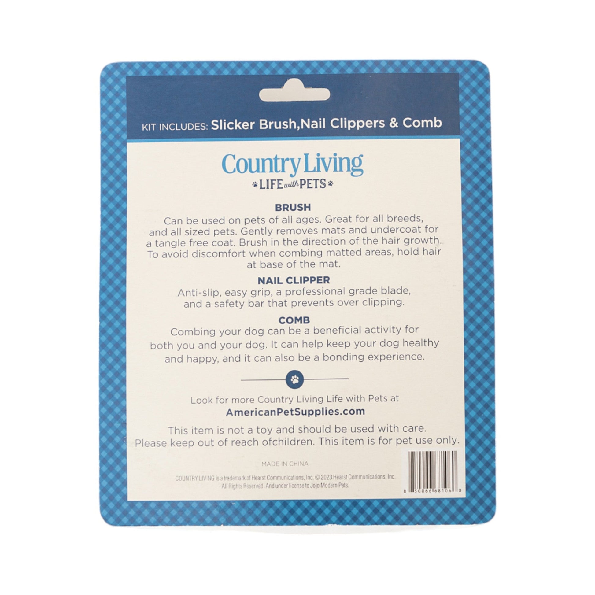 Purrfect Pet Kingdom grooming kit with slicker brush, nail clippers, and comb, featuring pet grooming tools for healthy dogs