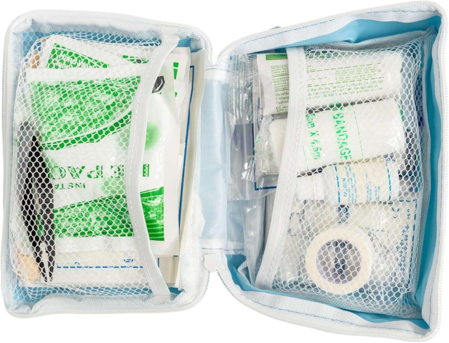 Portable pet first aid supplies kit with various medical items for pet emergencies