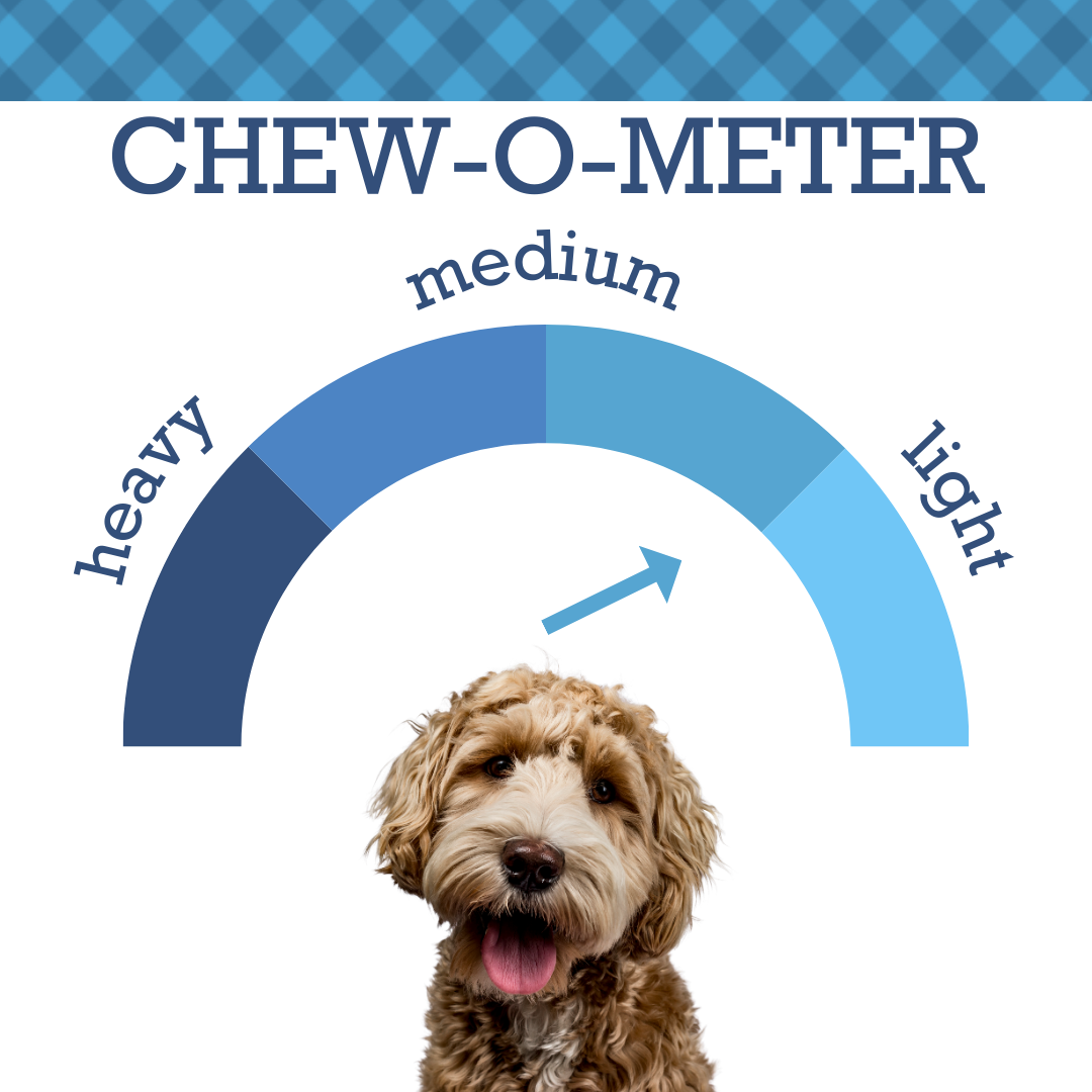 Chew-o-meter scale showing chew levels for premium pork chews for dogs from Purrfect Pet Kingdom