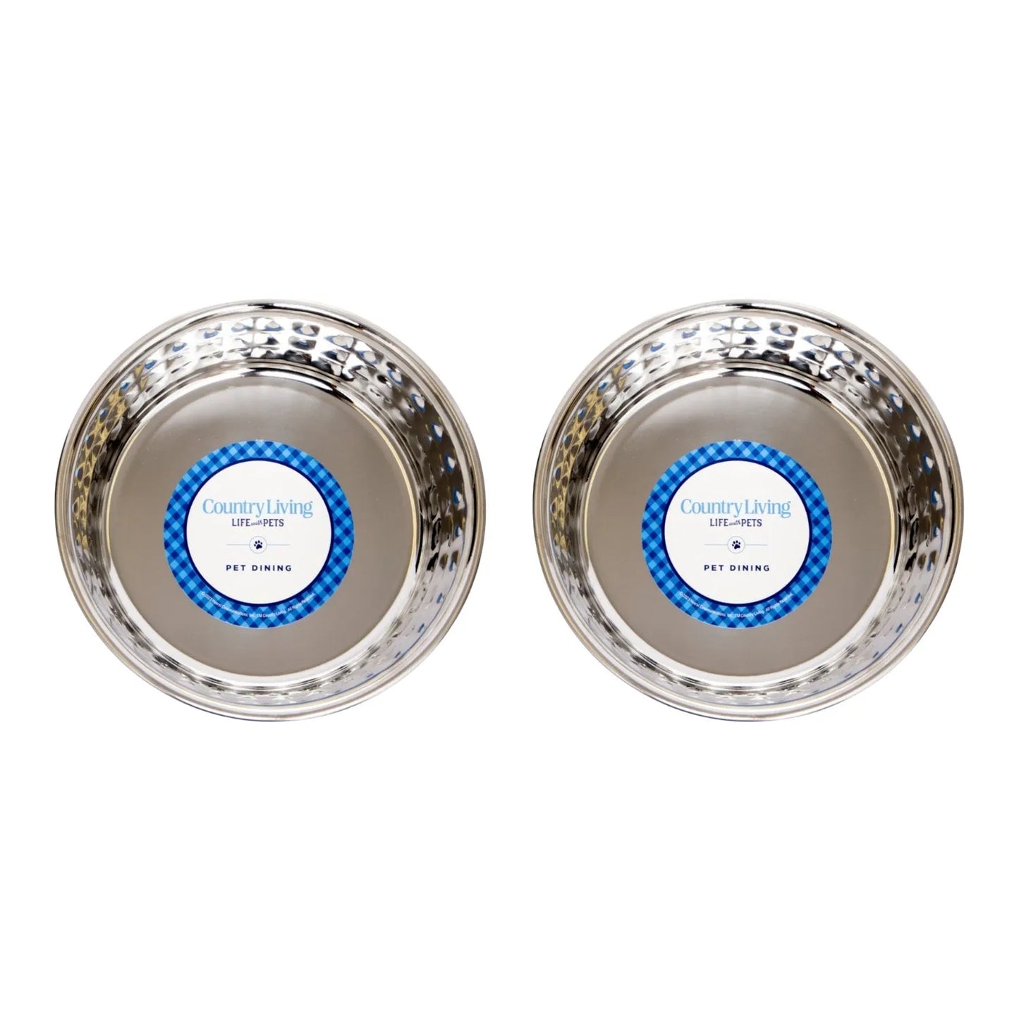 Set of 2 hammered stainless steel dog bowls by American Pet Supplies, available in 32 oz and 64 oz sizes, perfect for styl...