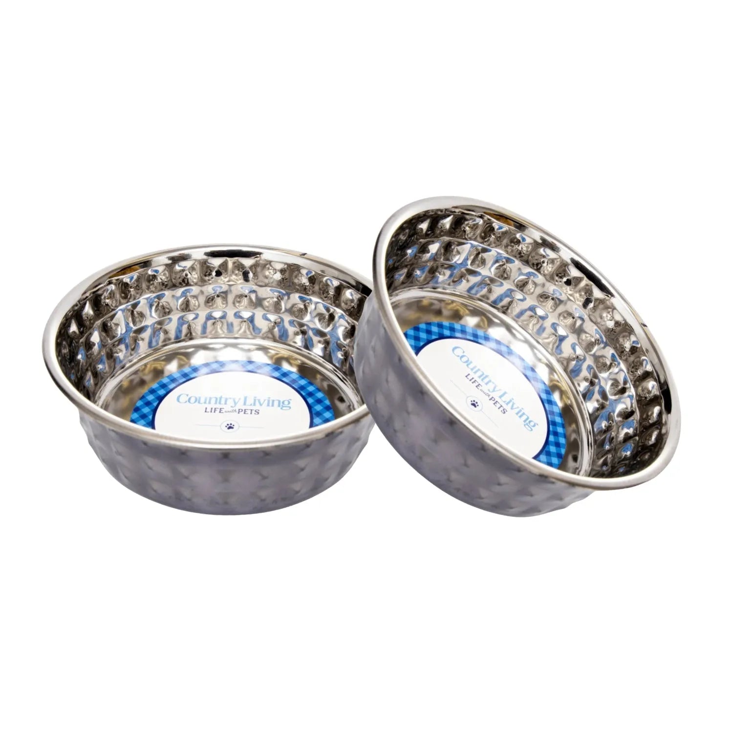 Set of 2 Country Living Hammered Stainless Steel Dog Bowls in Black Pearl by American Pet Supplies, available in 32 oz and...