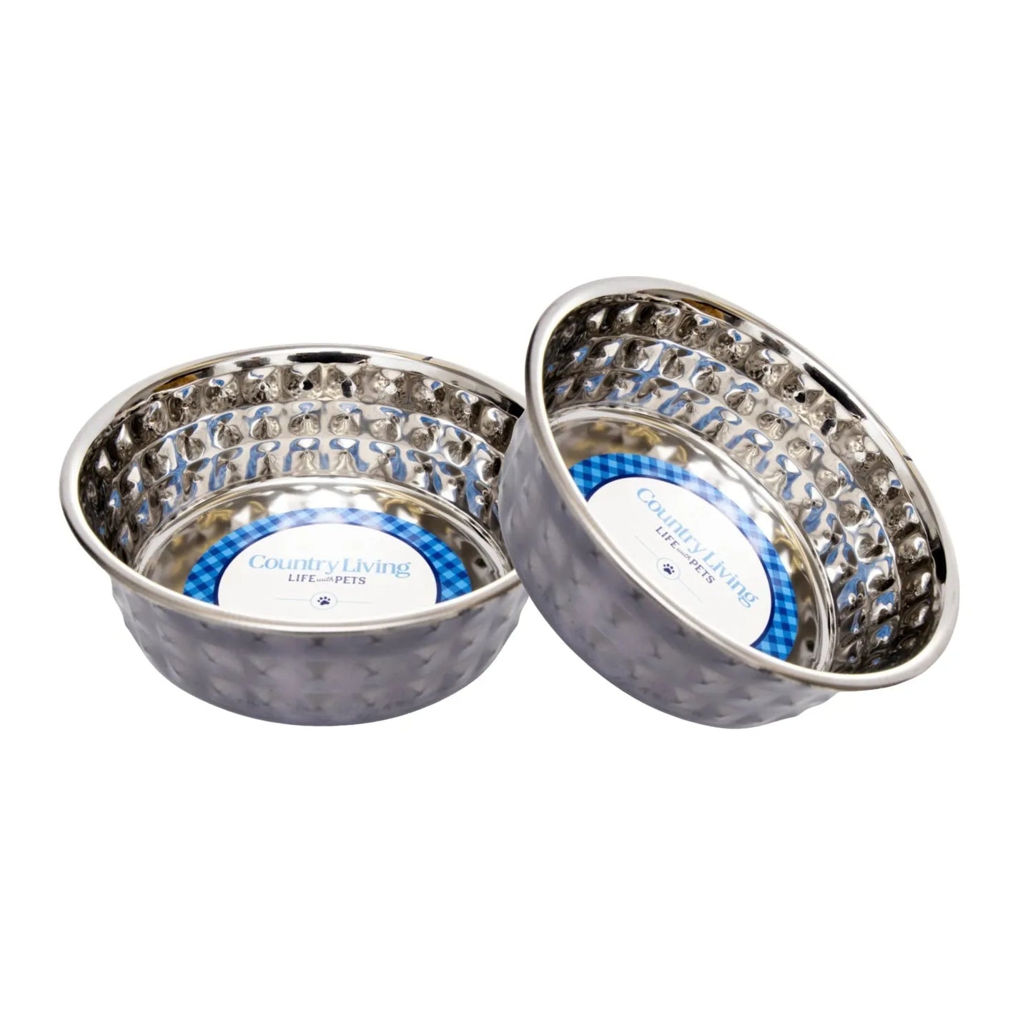 Set of 2 Country Living Hammered Stainless Steel Dog Bowls in Black Pearl by American Pet Supplies, 32 oz and 64 oz options.