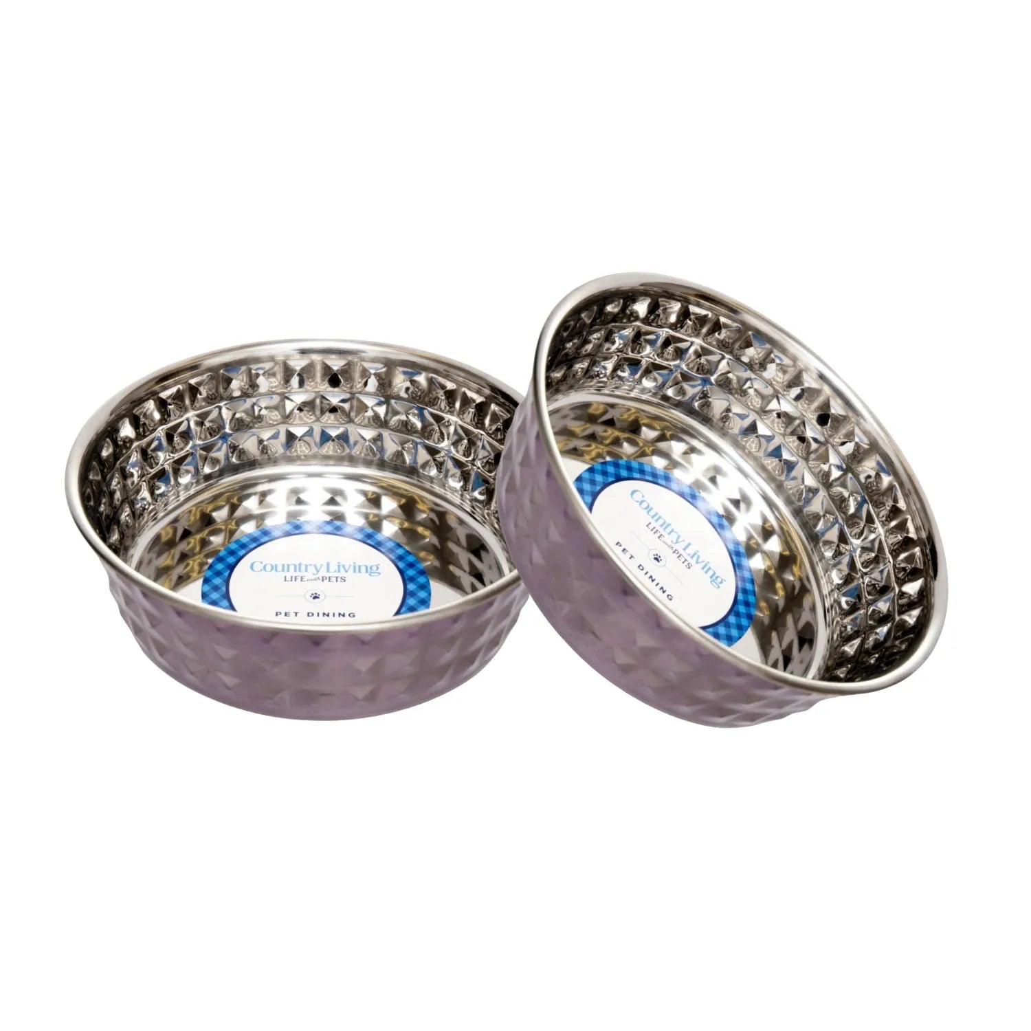 Country Living Set of 2 Hammered Stainless Steel Dog Bowls in lavender by American Pet Supplies, available in 32 oz and 64...