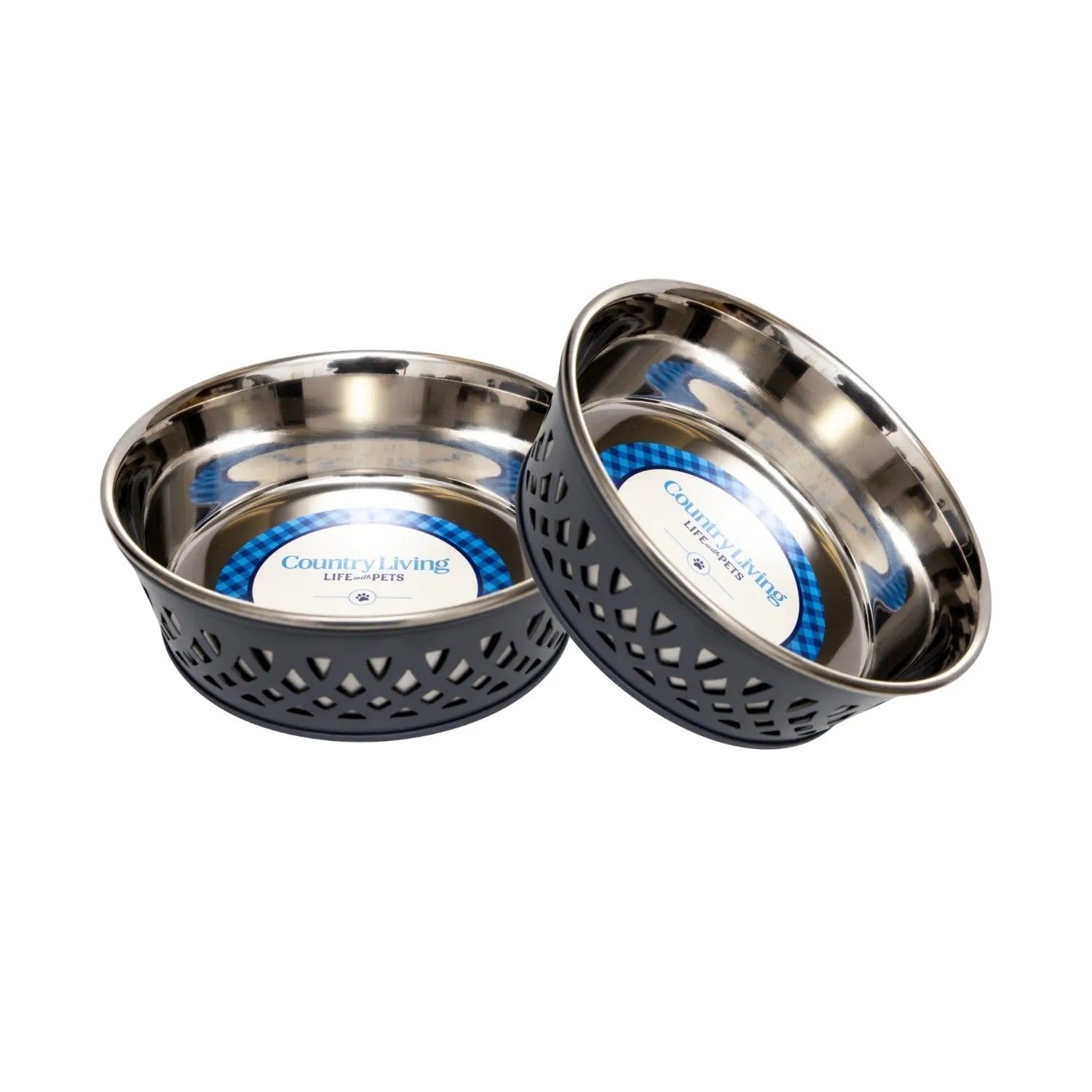 Country Living Set of 2 Stainless Steel Dog Bowls by American Pet Supplies in Gray, 16 oz, perfect for small to medium dogs.