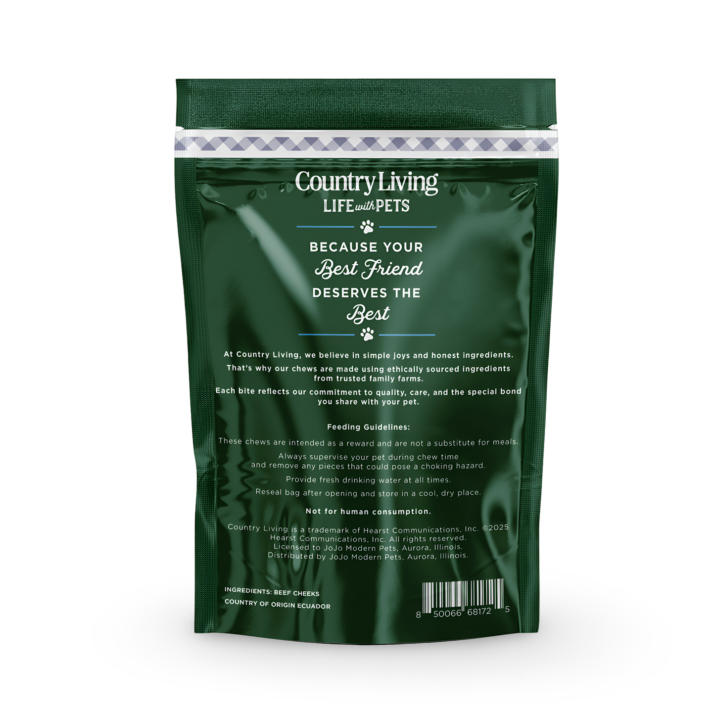 Country Living single ingredient dog treats chicken flavor in a resealable green bag for pet owners