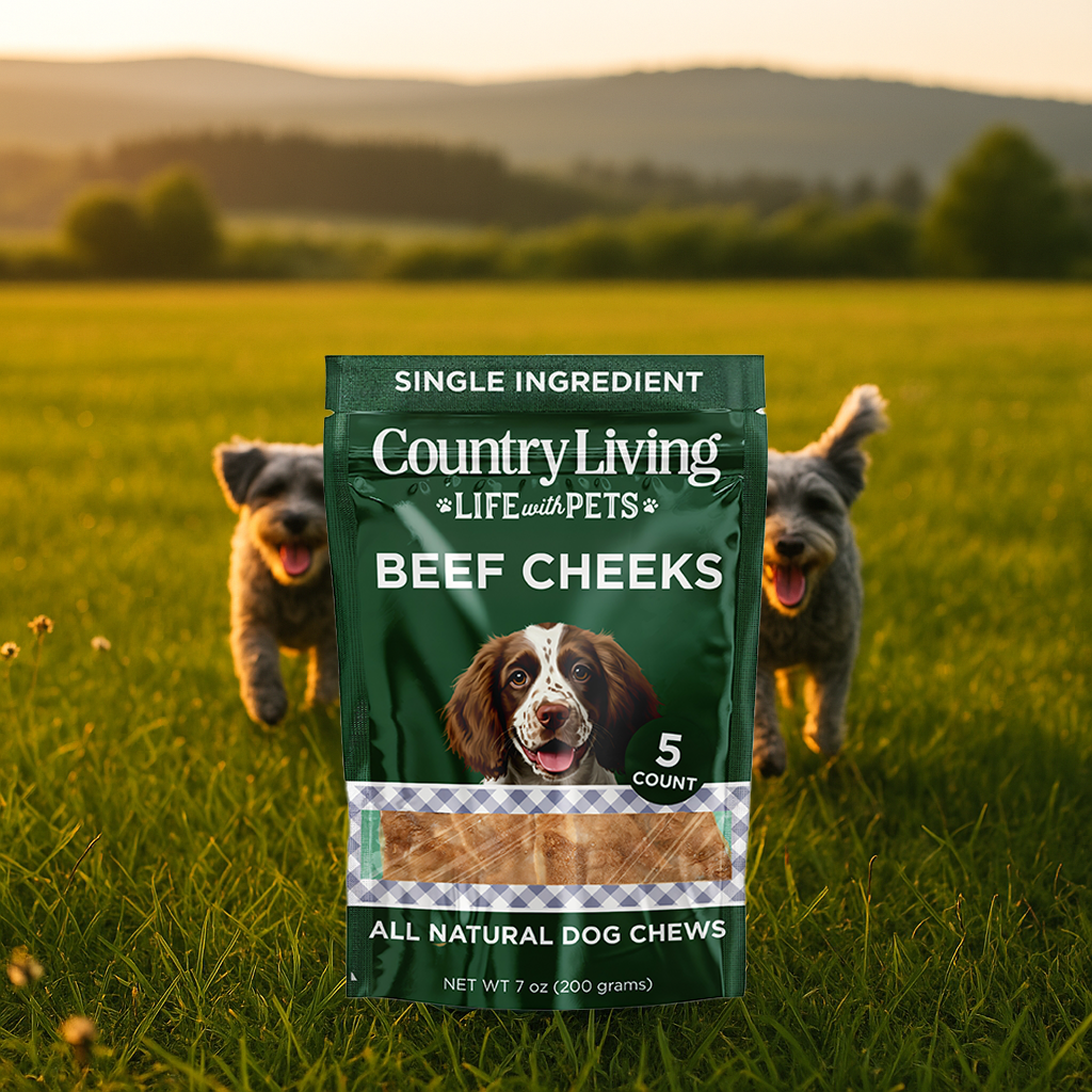 Country Living single ingredient dog treats chicken flavor packaging with dogs playing in green grass