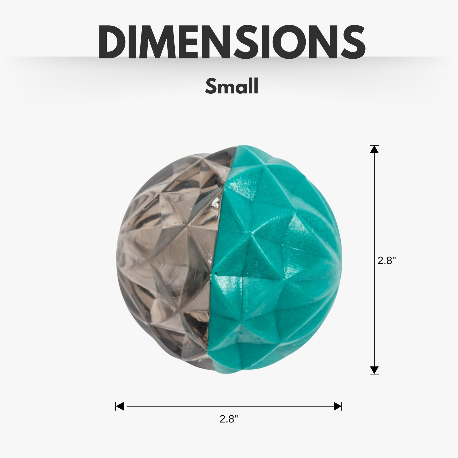 Small dog chew ball for puppies in teal and gray, measuring 2.8 inches, perfect for playtime and chewing.