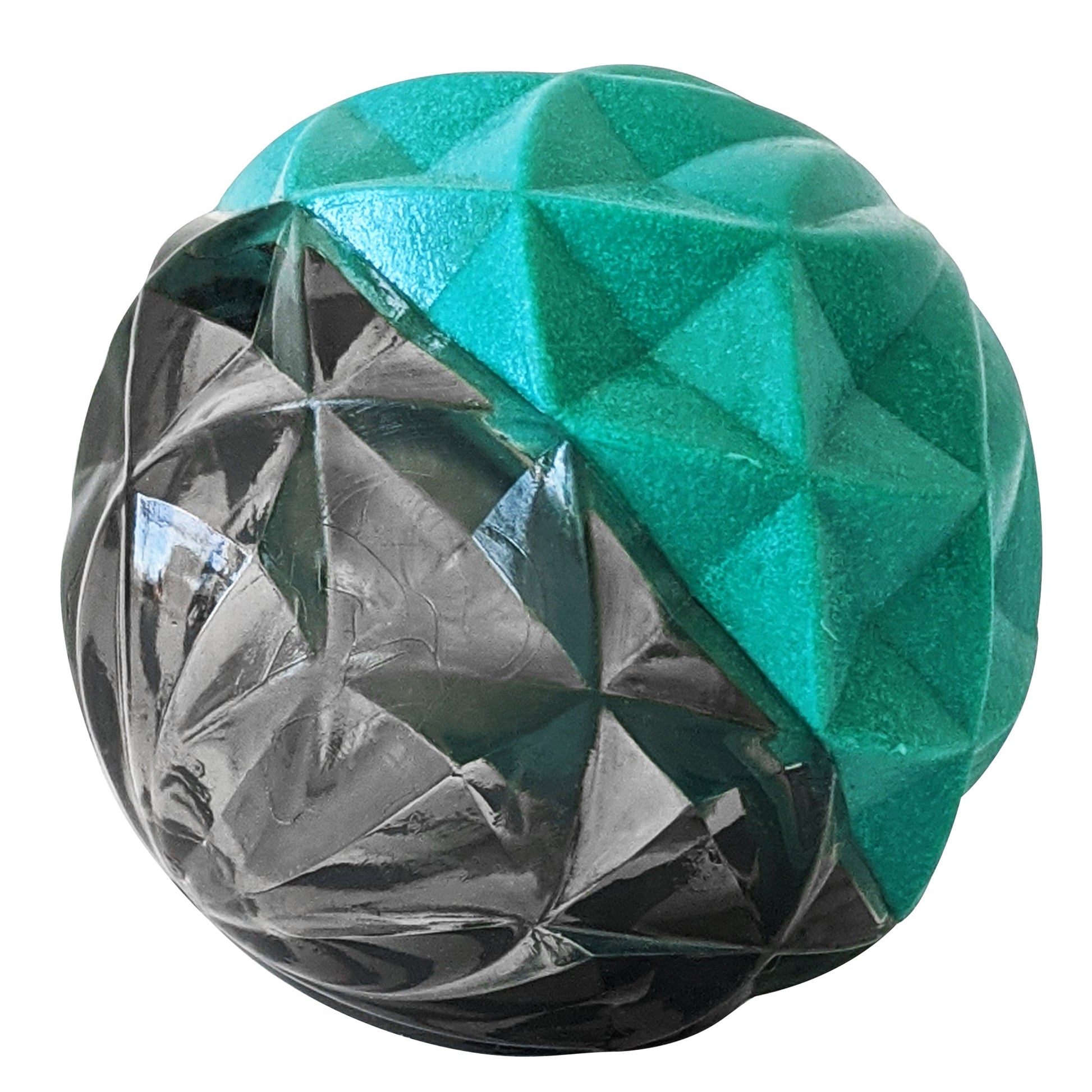 Durable small dog chew ball for puppies in teal and black, ideal for playtime and teething.