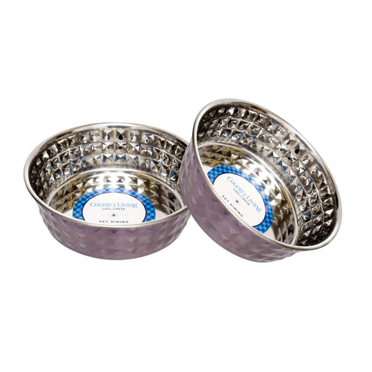 Set of two stylish stainless steel dog bowls in purple for pets, perfect for feeding or watering
