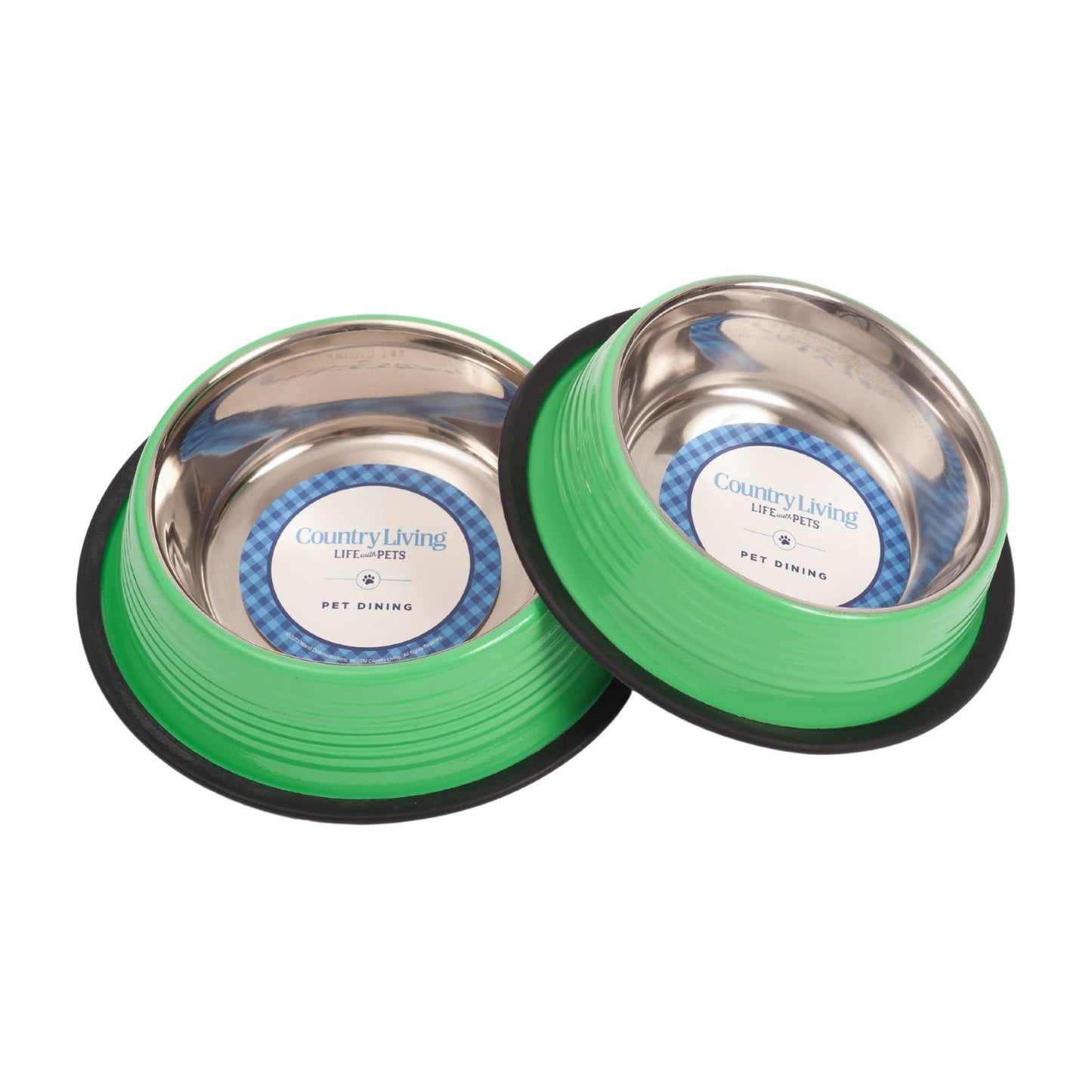 Set of stainless steel dog bowls with non-slip silicone base in vibrant green for stable pet dining