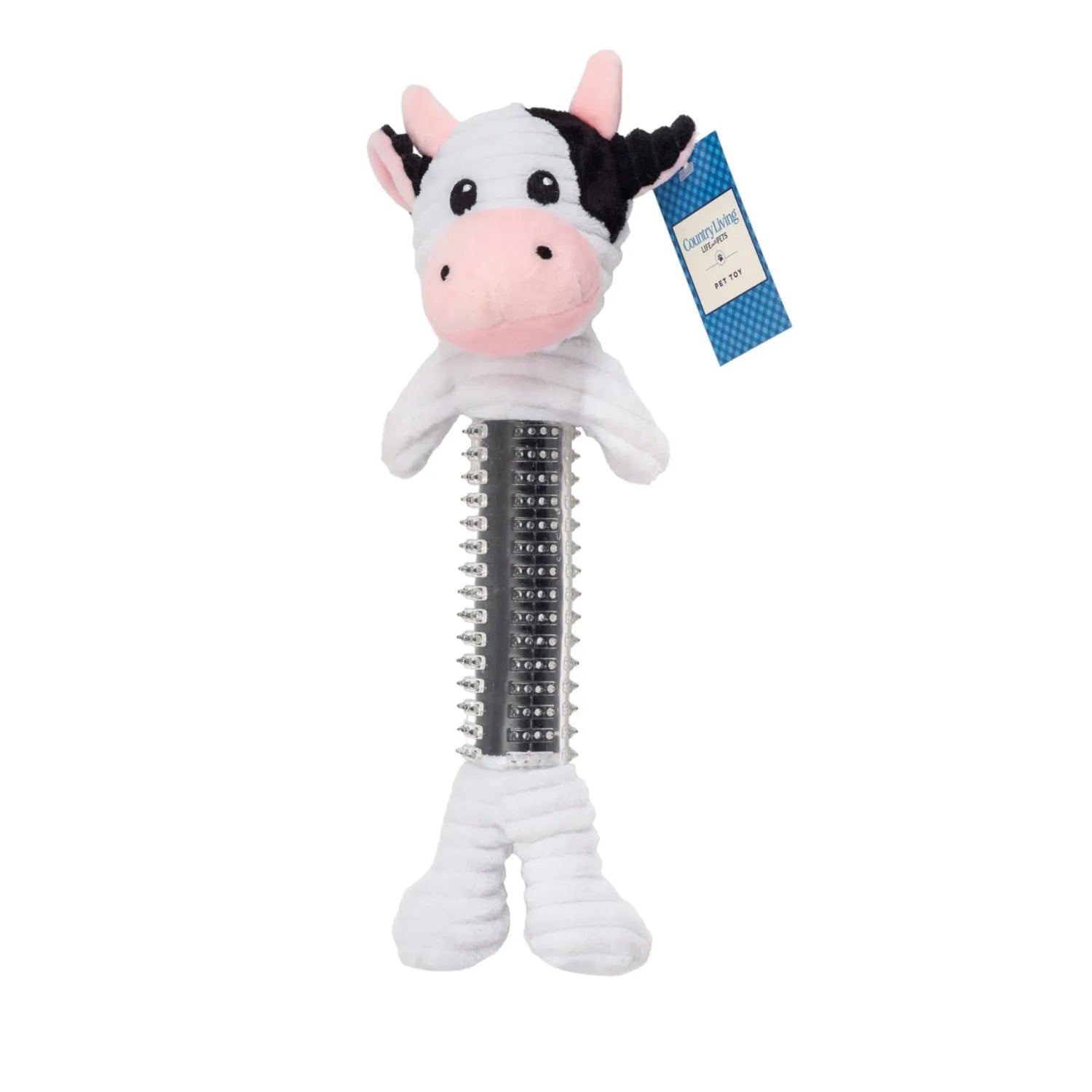Country Living black and white cow plush dog toy by American Pet Supplies, featuring a squeaker and crinkle paper, priced ...