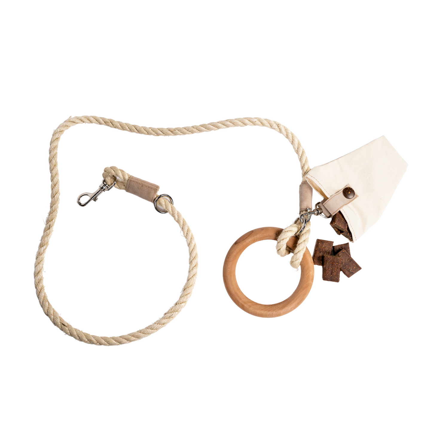 Country style dog leash with bag featuring a wooden ring and durable rope for comfortable walks