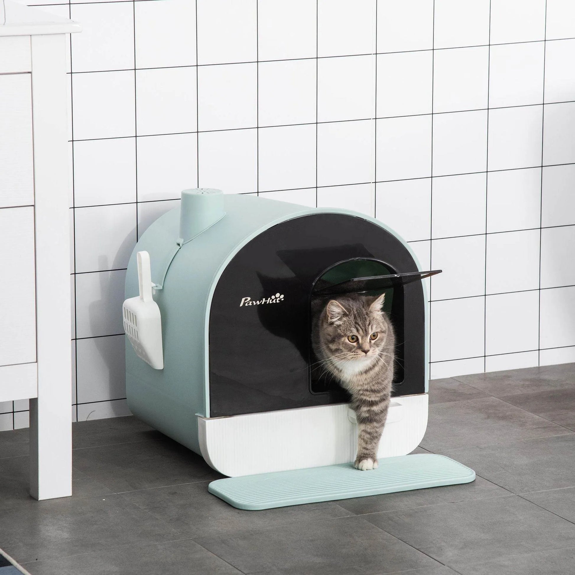Covered Cat Litter Box with Odor Filter in green by The Max & Rex Collection, providing complete privacy for your cat.