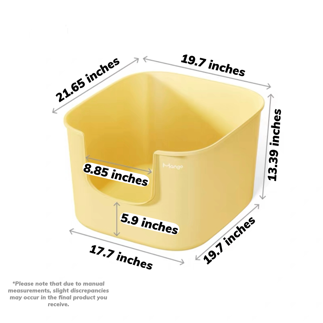 MangoPets covered litter box for multiple cats in yellow with dimensions for convenience