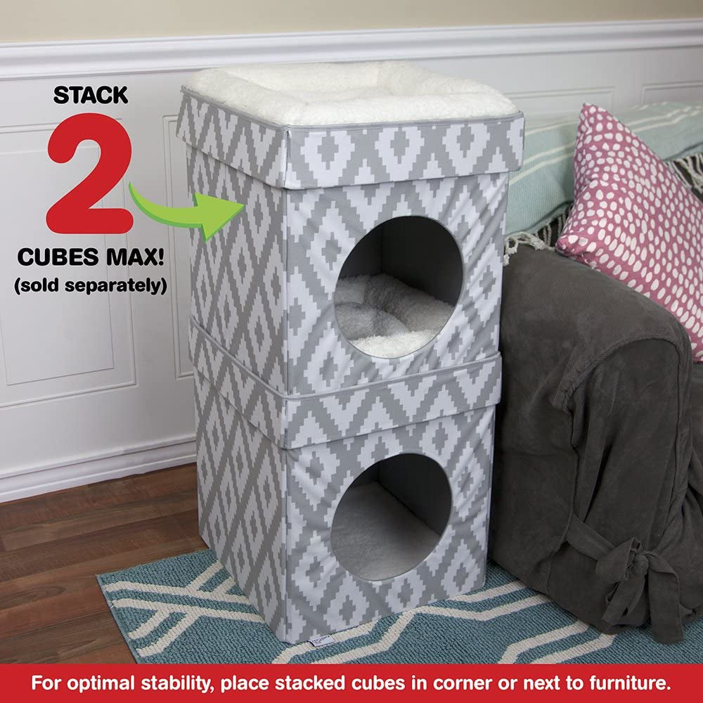 Cozy cat bed for indoor cats featuring a stackable design with soft gray patterned fabric
