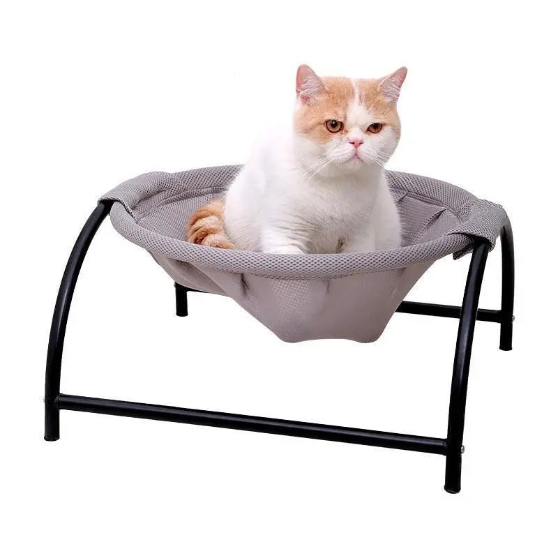 Cozy Cat Lounger by Purrfect Pet Kingdom with gray fabric and black metal frame featuring a cream and orange cat