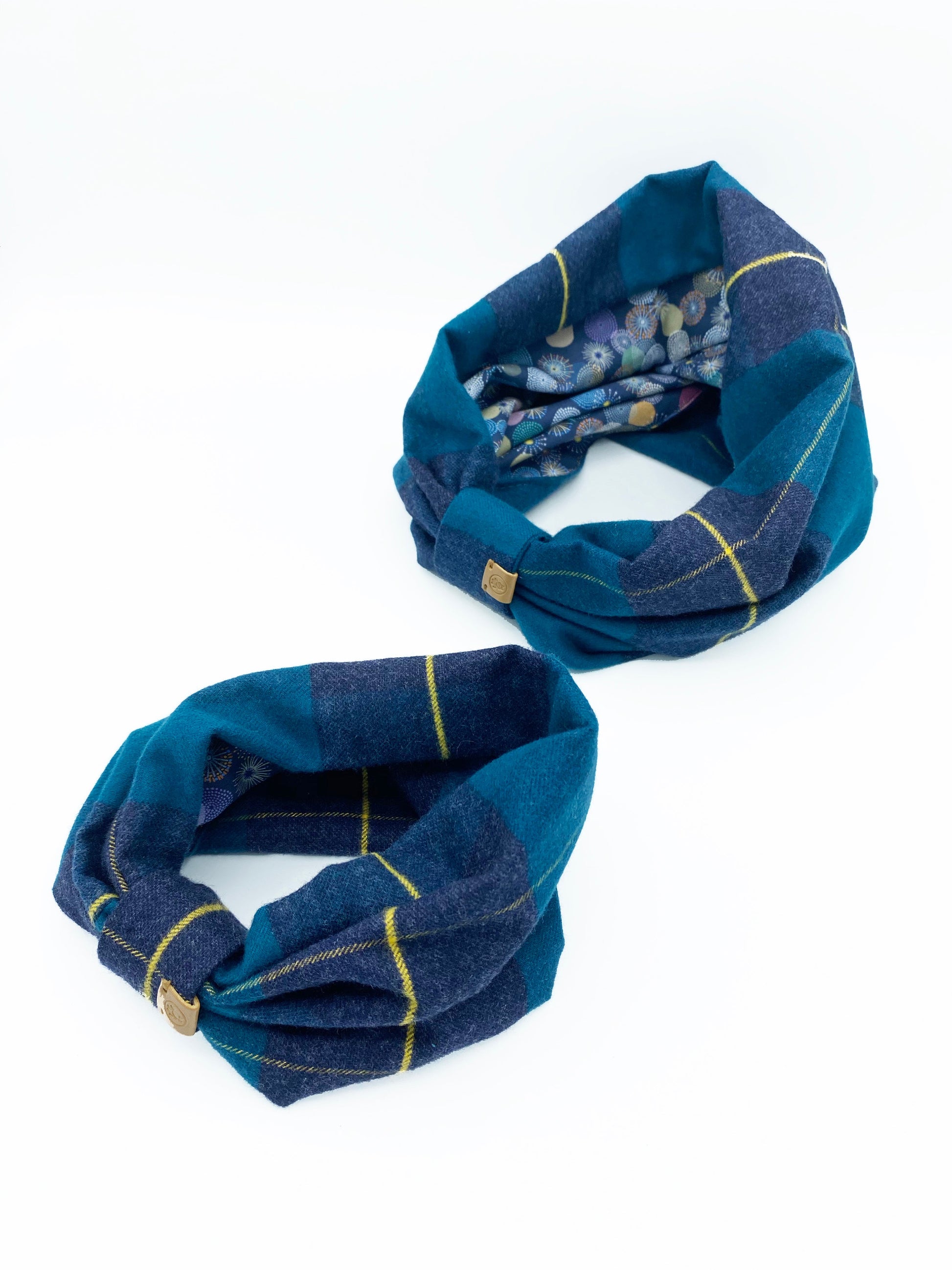 BESPOKE PAWS cozy dog snood for winter in teal and plaid design, perfect for stylish pet warmth