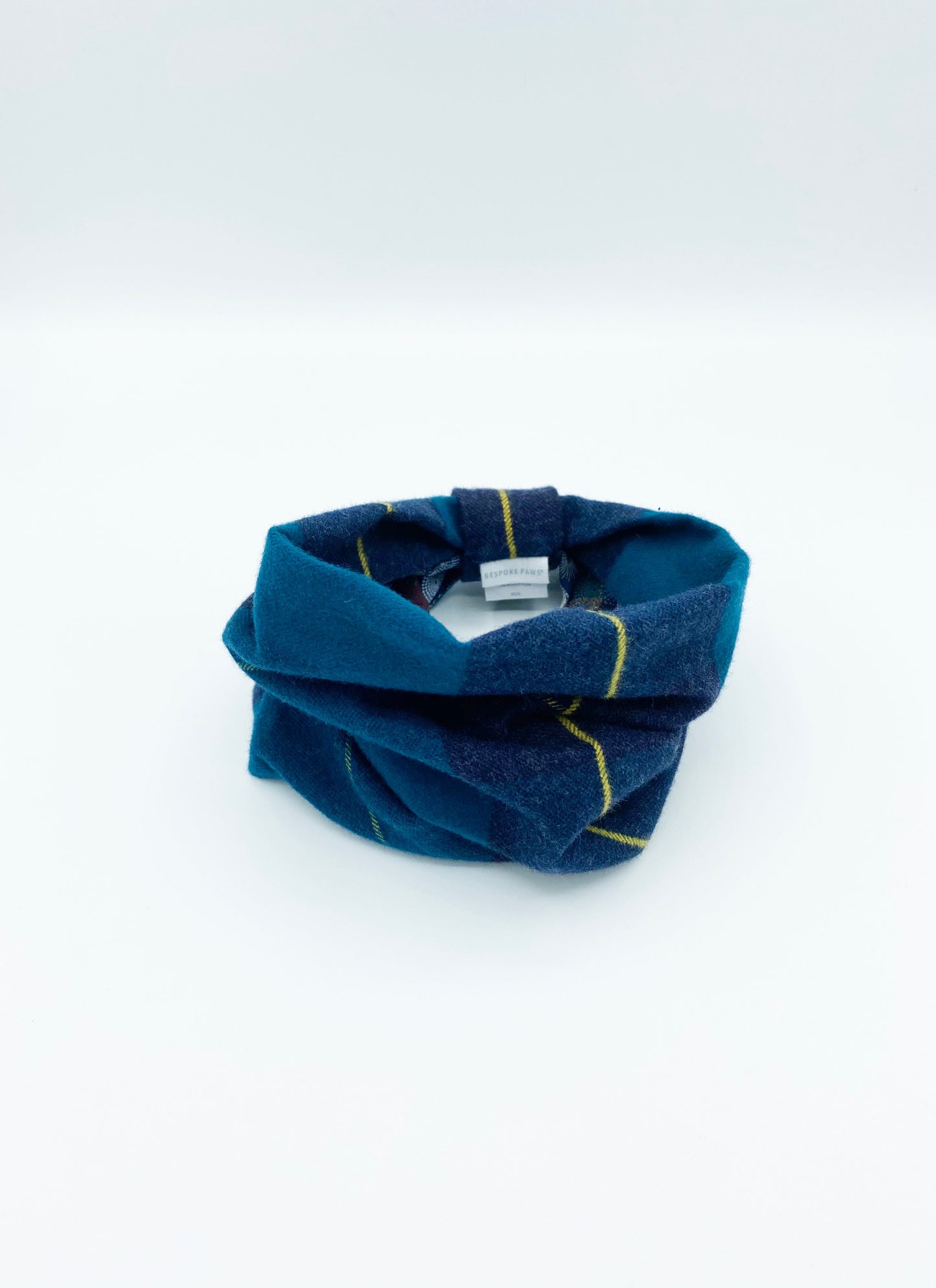 BESPOKE PAWS cozy dog snood for winter in blue with yellow accents for warmth and style