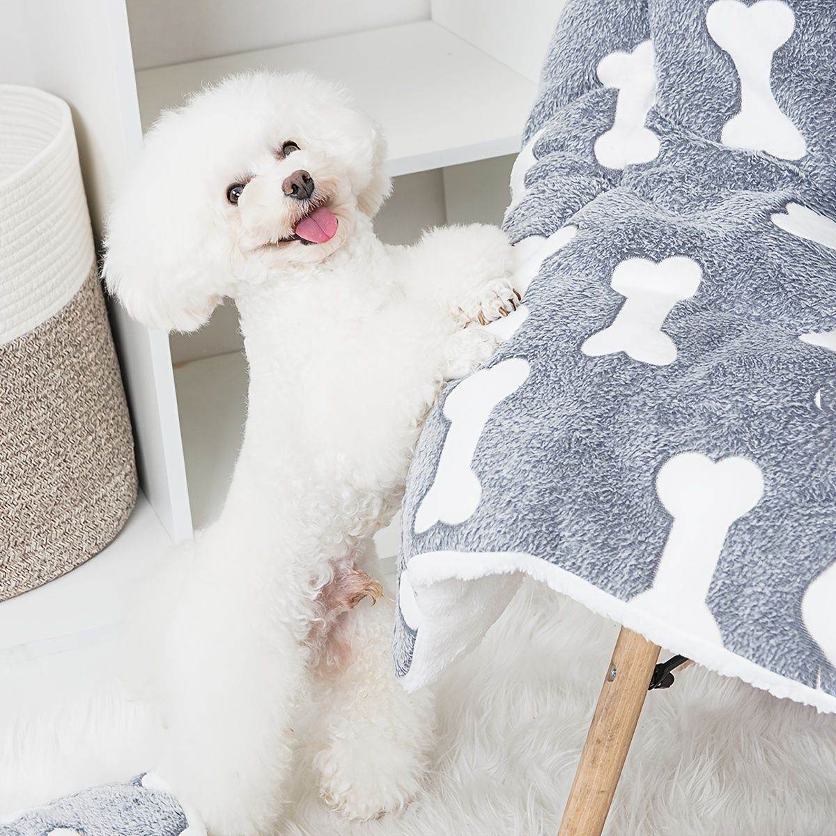 Cozy orthopedic pet sleeping pad with white bone pattern from Purrfect Pet Kingdom featuring a happy white fluffy dog