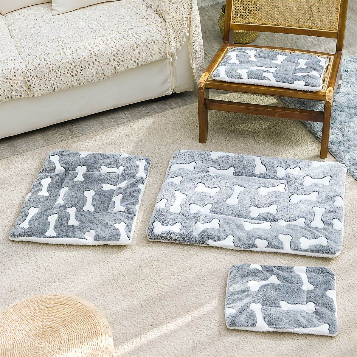 Cozy orthopedic pet sleeping pad set with gray and white bone pattern from Purrfect Pet Kingdom