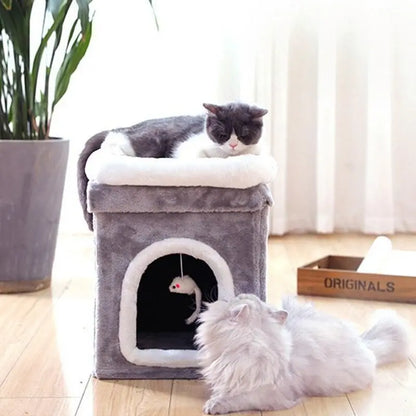 Cozy Retreat Pet Haven elevated perch and royal shelf with two cats resting and playing indoors