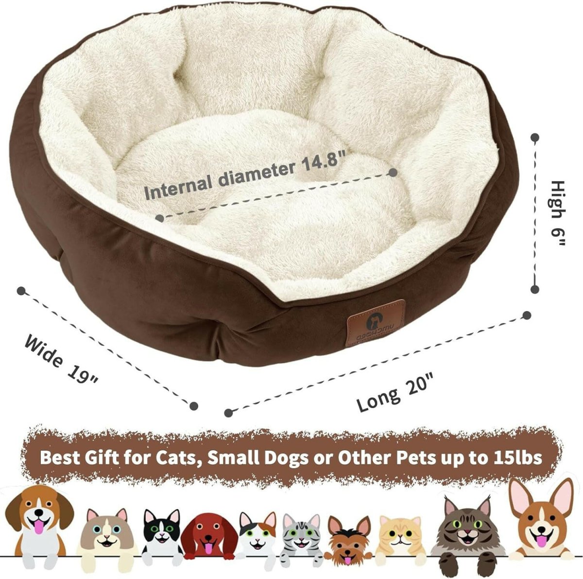 Cozy round bed for small pets with plush interior, 20 inches long and 19 inches wide, ideal for comfort