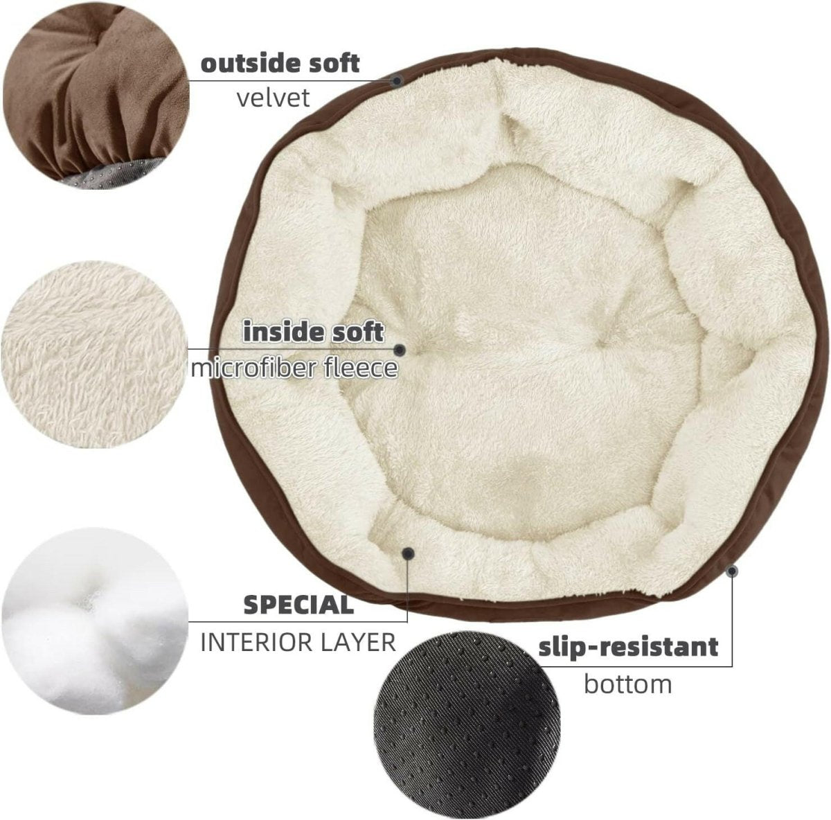 Cozy round bed for small pets with soft velvet exterior and slip-resistant bottom for comfortable resting