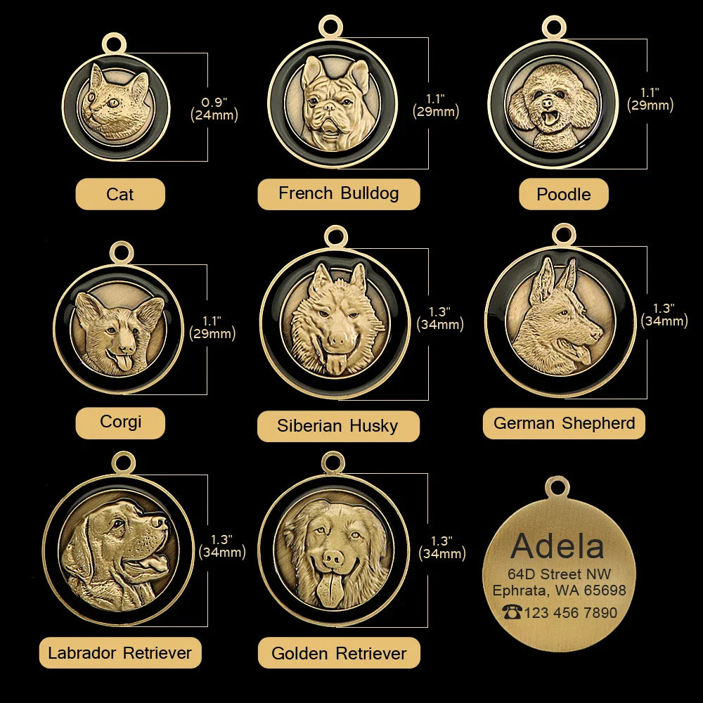 Custom pet name tag for dogs featuring various dog breeds including Corgi and Labrador Retriever