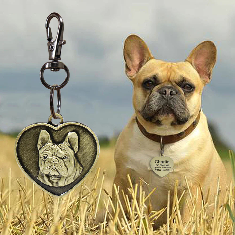 Custom pet name tag for dogs shaped like a heart with an engraved dog design, ideal for personalization