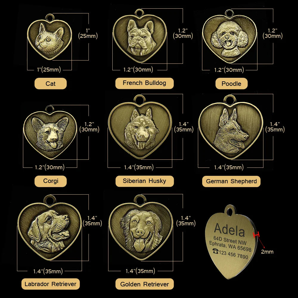 Custom pet name tag for dogs featuring various breeds including Labrador Retriever and Golden Retriever