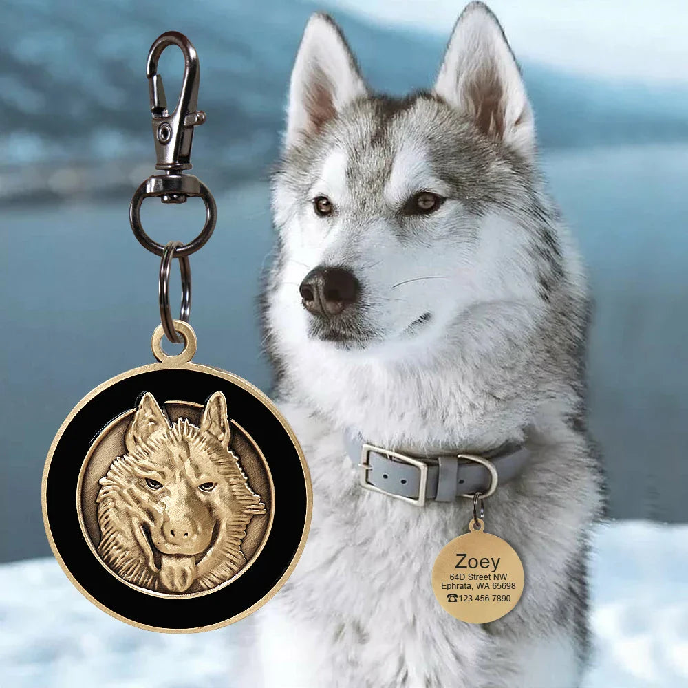 Custom pet name tag for dogs featuring a golden tag design and a friendly husky in a scenic backdrop