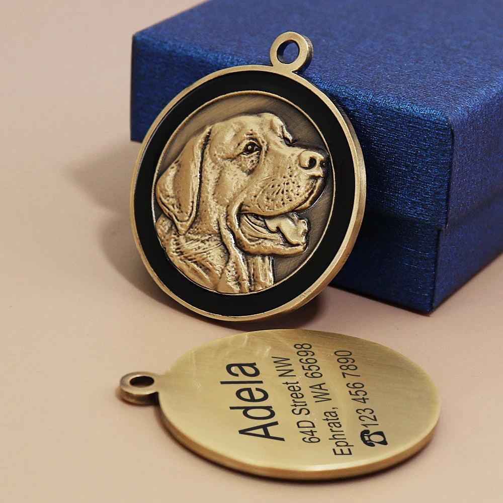 Custom pet name tag for dogs in gold with engraved Labrador design and contact information on the back