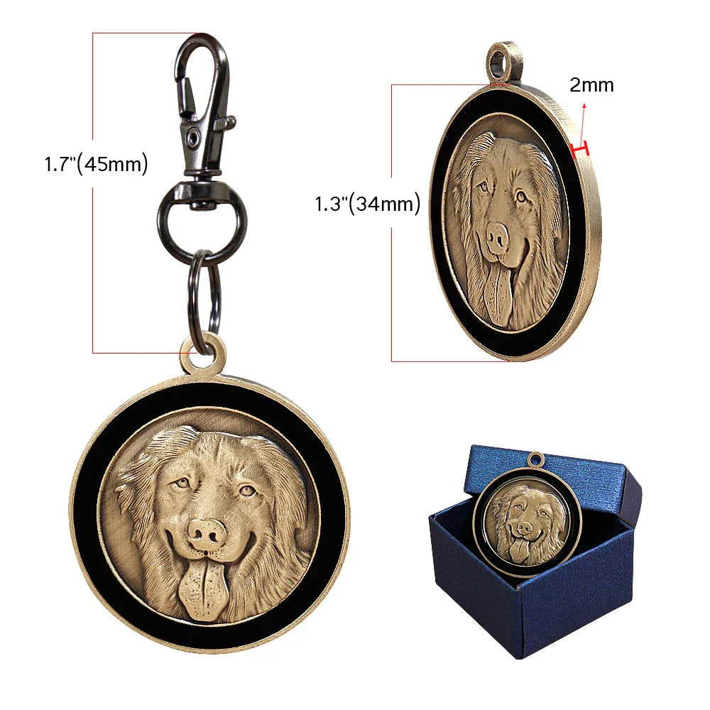 Custom pet name tag for dogs featuring a detailed dog design with a sturdy clip for easy attachment