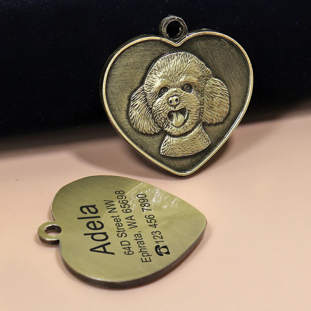 Custom pet name tag for dogs in heart shape featuring a dog design and engraved contact information