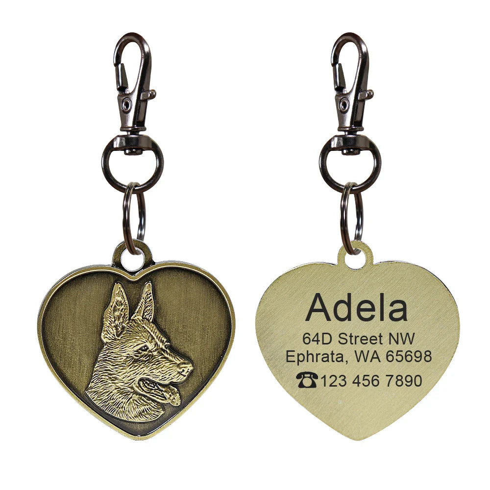 Custom pet name tag for dogs in heart shape with engraved details and a clip for easy attachment