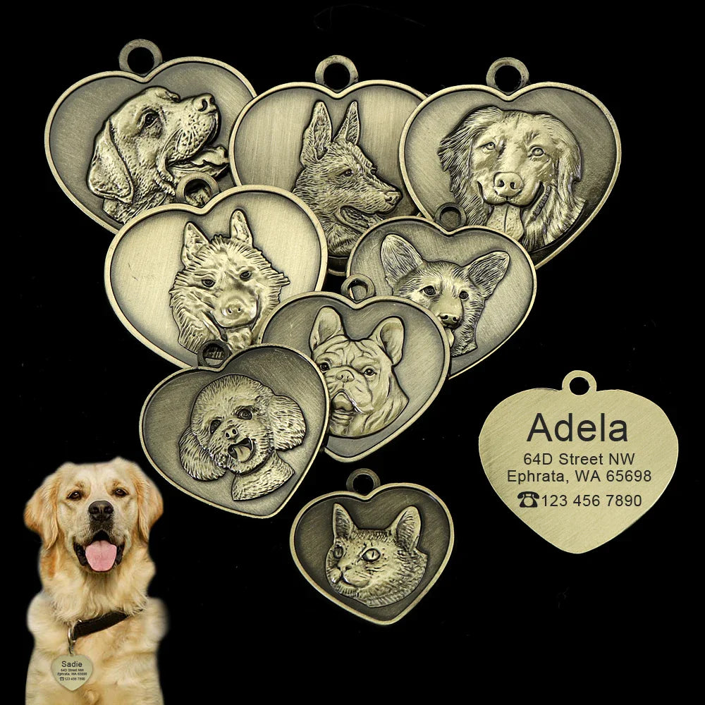 Variety of Tail Chasers custom pet name tag for dogs in heart shapes with different dog breeds