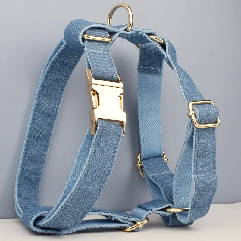 Classic Blue Denim 5-Piece Dog Harness and Leash Walking Set