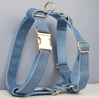 Classic Blue Denim 5-Piece Dog Harness and Leash Walking Set