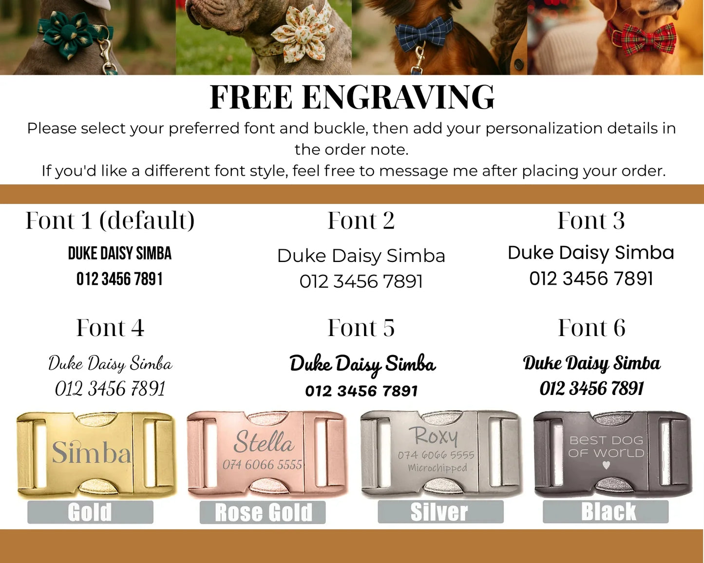 Purrfect Pet Kingdom customization: 6 engraving fonts and metal buckles in Gold, Rose Gold, Silver, and Black.