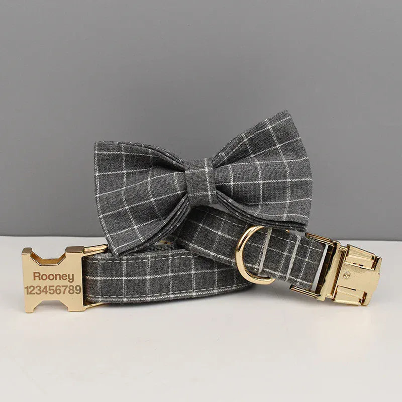 Custom Gray Plaid Dog Harness Set for Small Breed Puppies